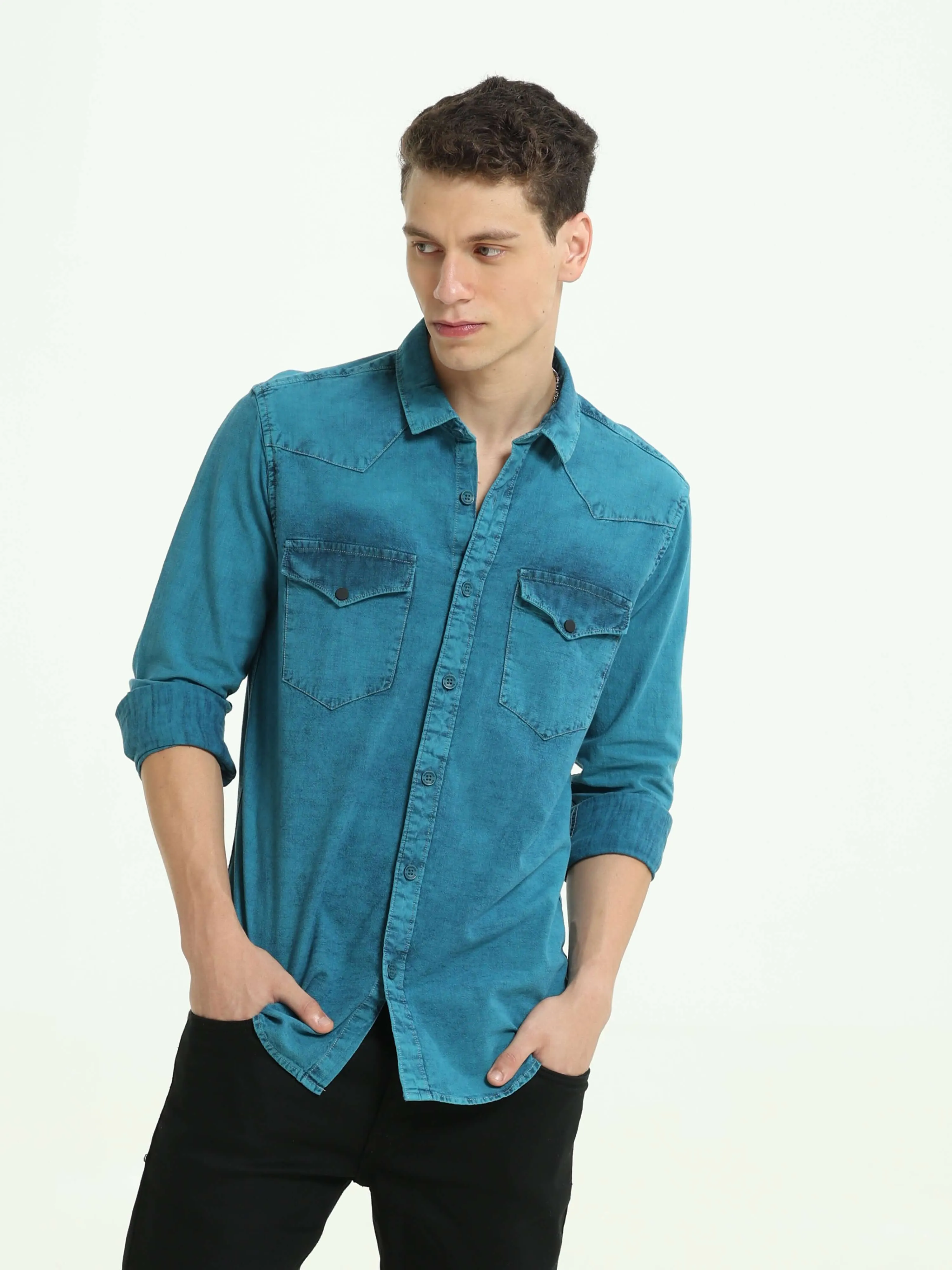 Denim Indigo-Teal over-dyed casual shirt