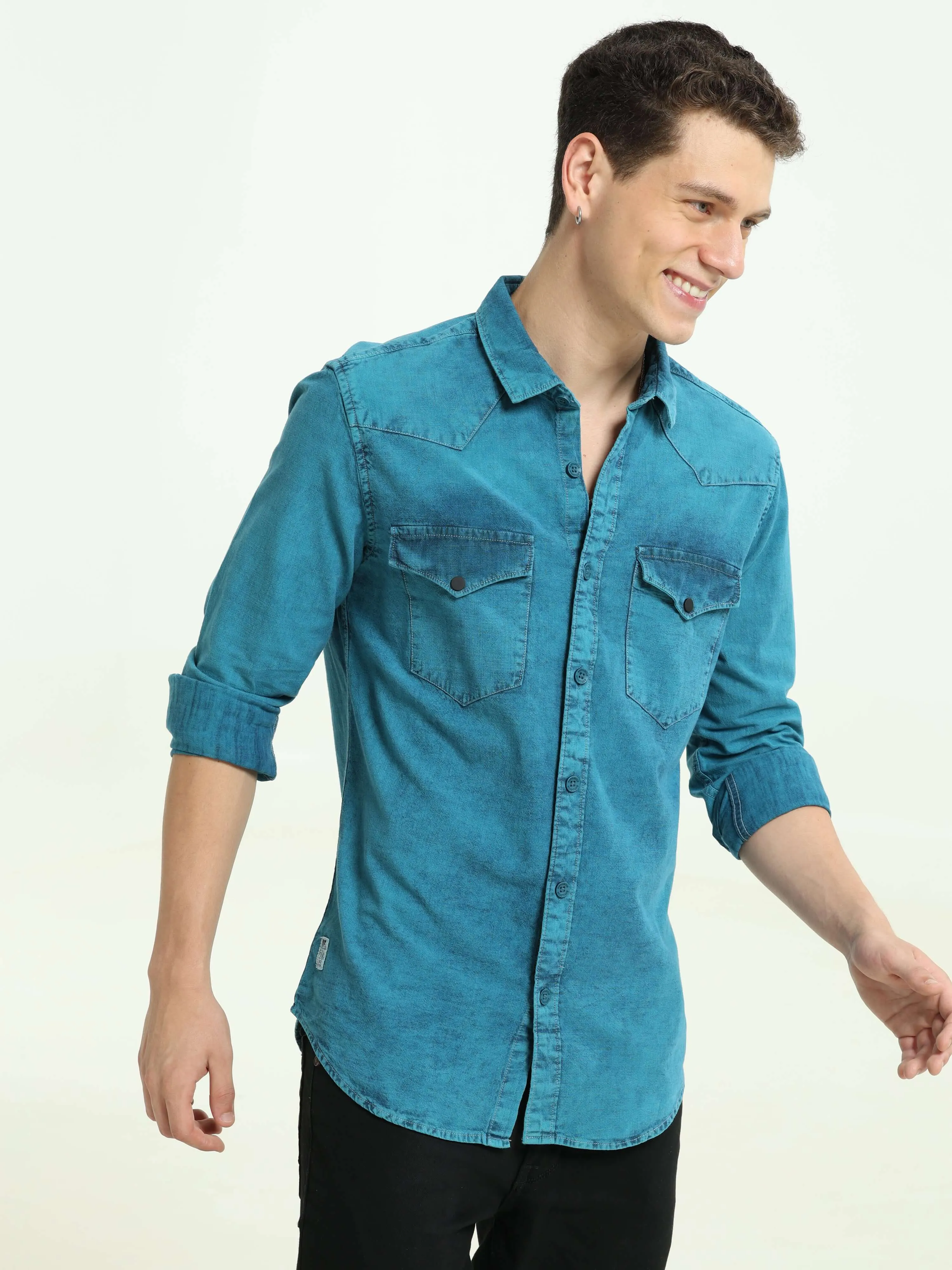 Denim Indigo-Teal over-dyed casual shirt