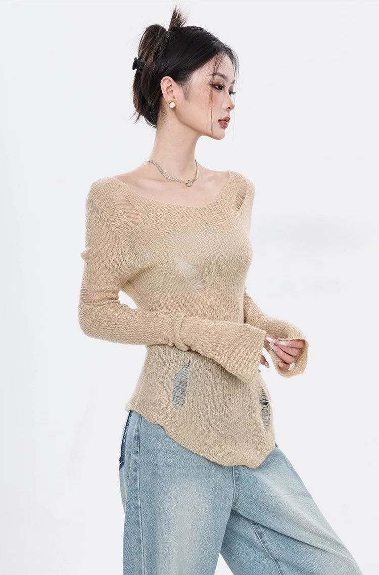 Distressed Hem Knit Lightweight Top with Thumb Holes