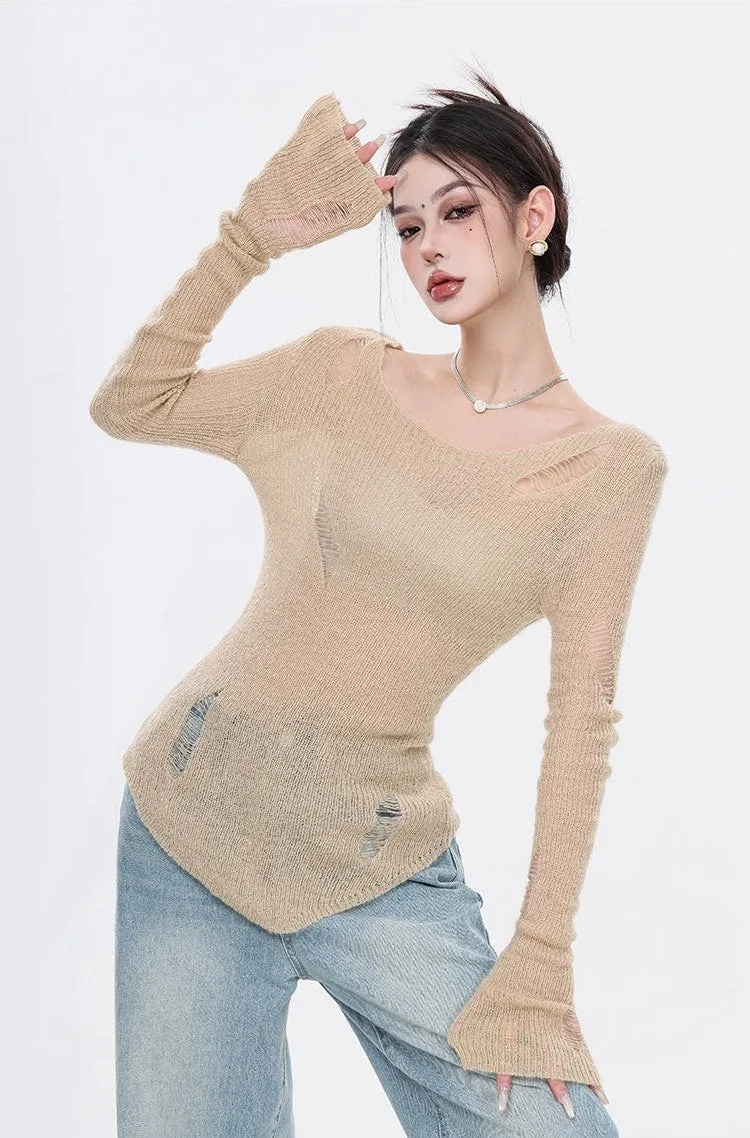 Distressed Hem Knit Lightweight Top with Thumb Holes