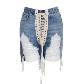 Distressed Ripped Detail Lace Up Front Cut Off Bermuda Denim Shorts