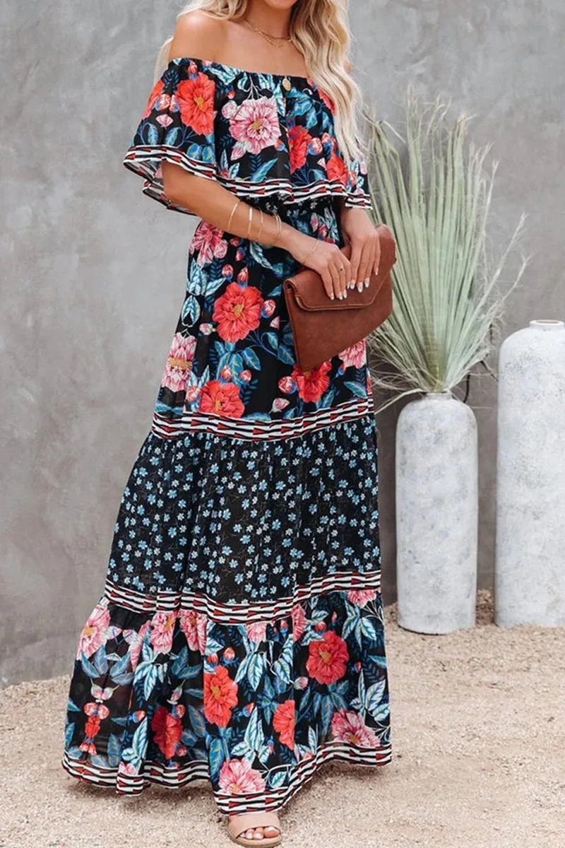 Elegant Tube Top Trendy Three-color Printed Maxi Dress