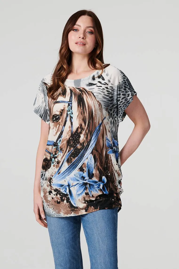 Embellished Horse Print T-Shirt