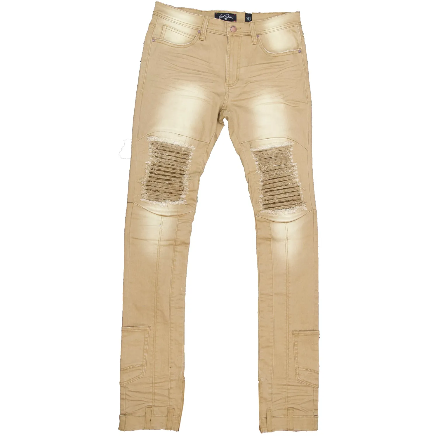 F1748 Shredded Biker Denim Jeans w/ Bottom Leg Zipper | 40-inch Inseam - Khaki