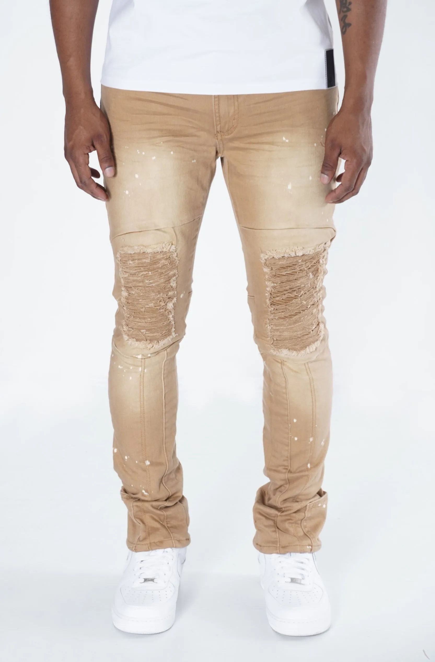 F1748A Shredded Biker Denim Jeans w/ Bottom Leg Zipper | 32-inch Inseam - Khaki