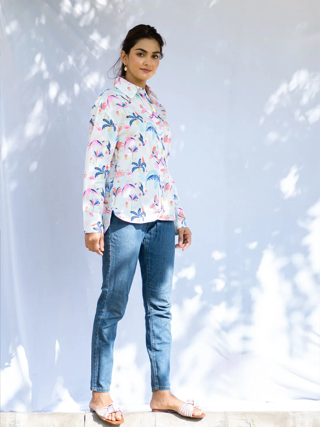 Flamingo Palm Oversized Cotton Shirt