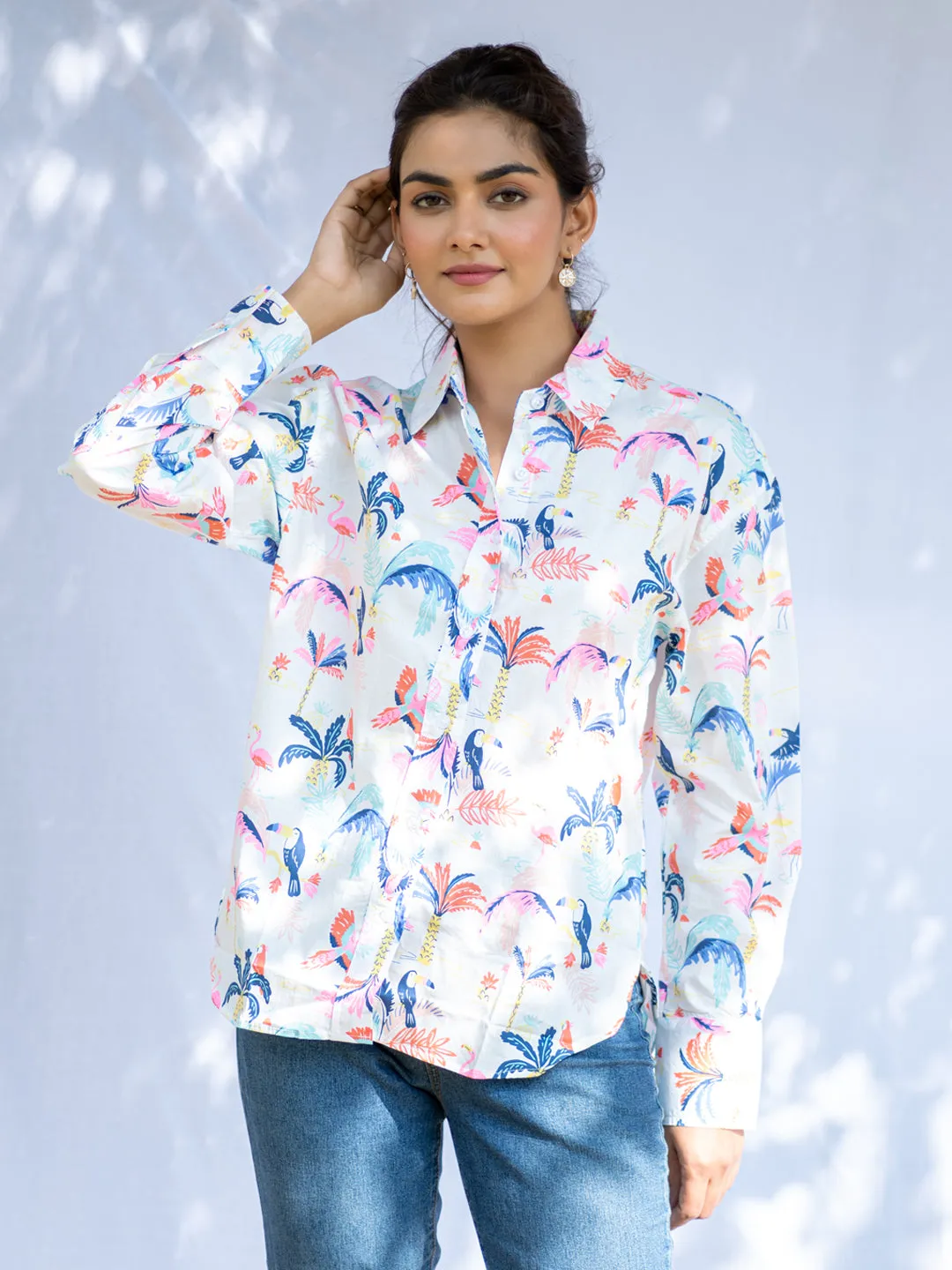 Flamingo Palm Oversized Cotton Shirt