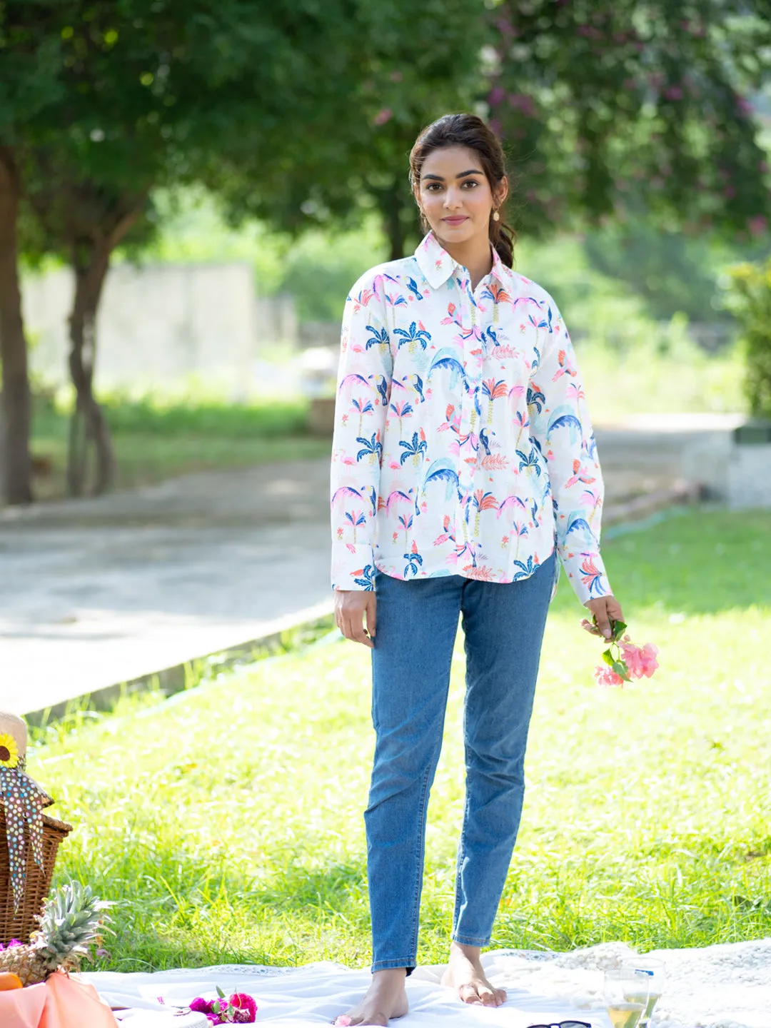 Flamingo Palm Oversized Cotton Shirt