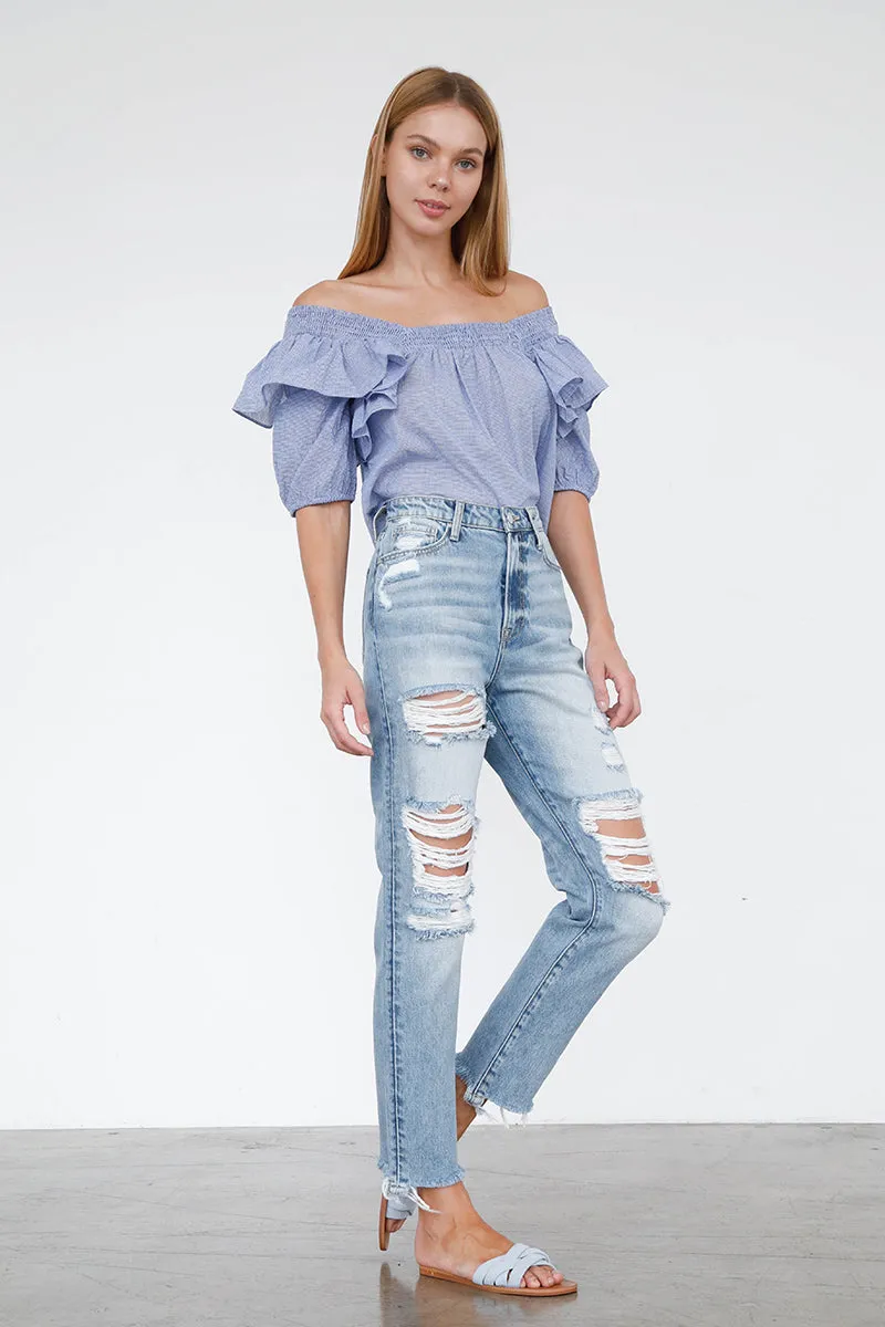 Girls High Rise Mom Jeans Light Ripped Wash