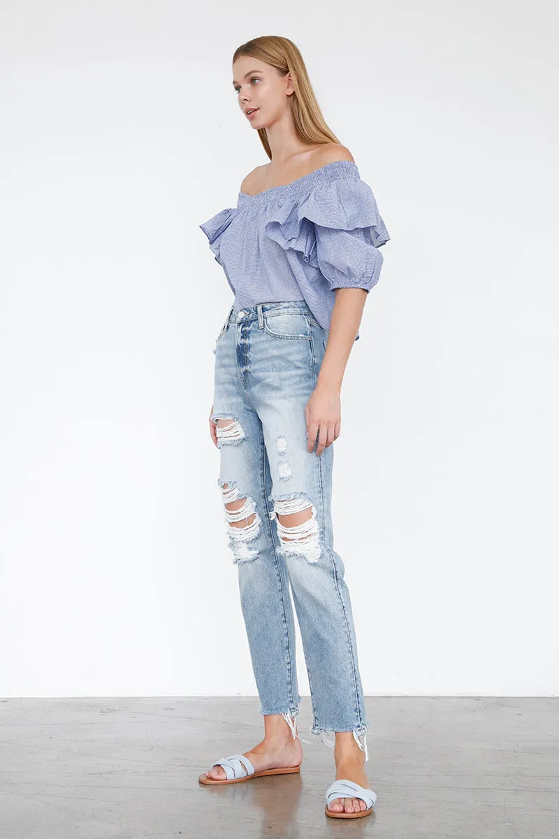 Girls High Rise Mom Jeans Light Ripped Wash