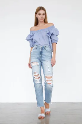 Girls High Rise Mom Jeans Light Ripped Wash