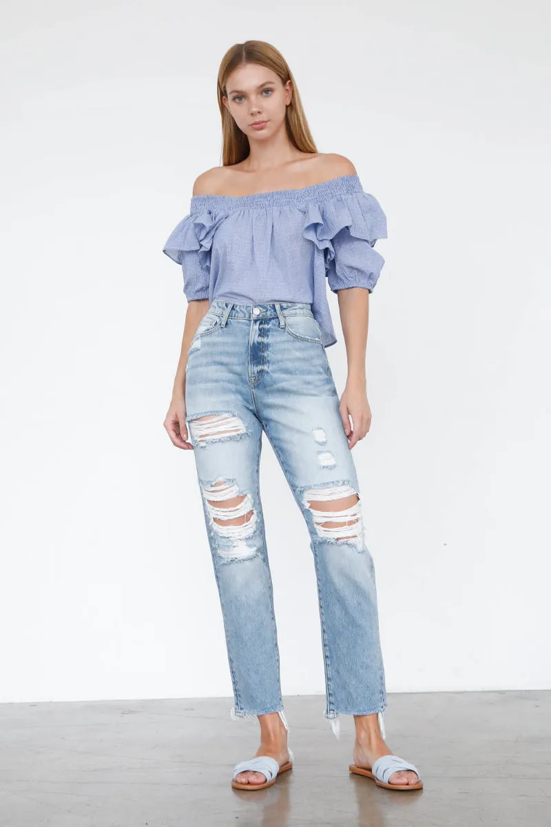 Girls High Rise Mom Jeans Light Ripped Wash