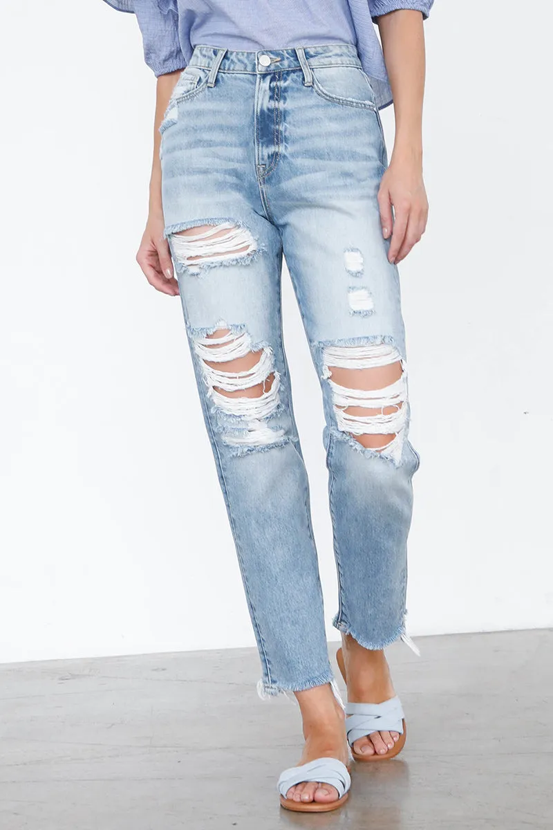 Girls High Rise Mom Jeans Light Ripped Wash