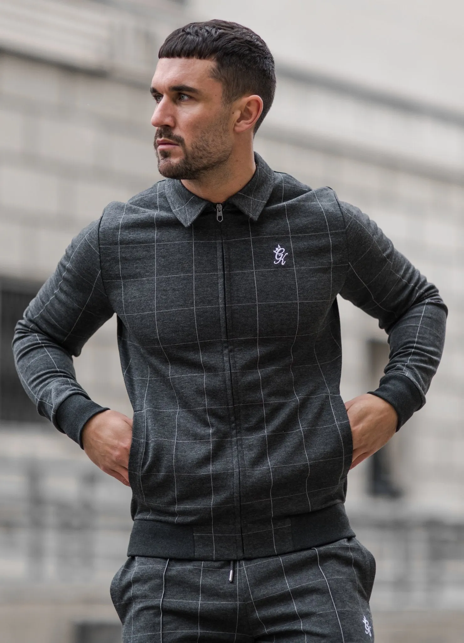 GK Kingston Check Full Zip Sweat - Charcoal Marl