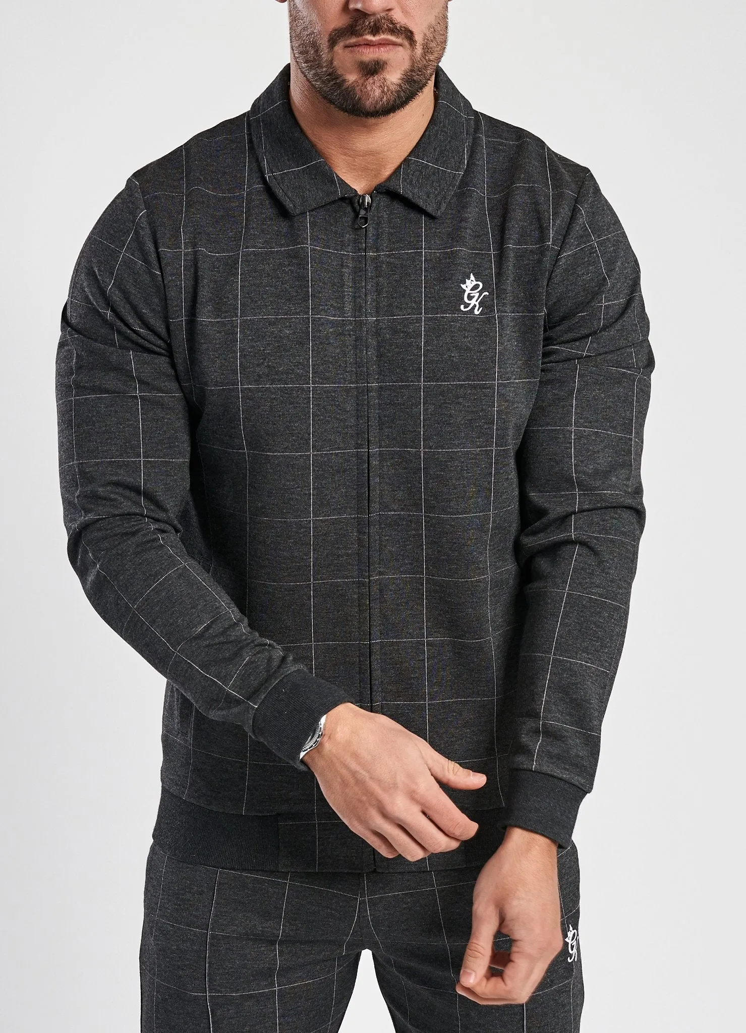 GK Kingston Check Full Zip Sweat - Charcoal Marl