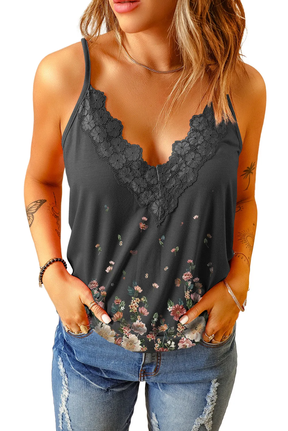 lace V Neck tank, Floral tank top