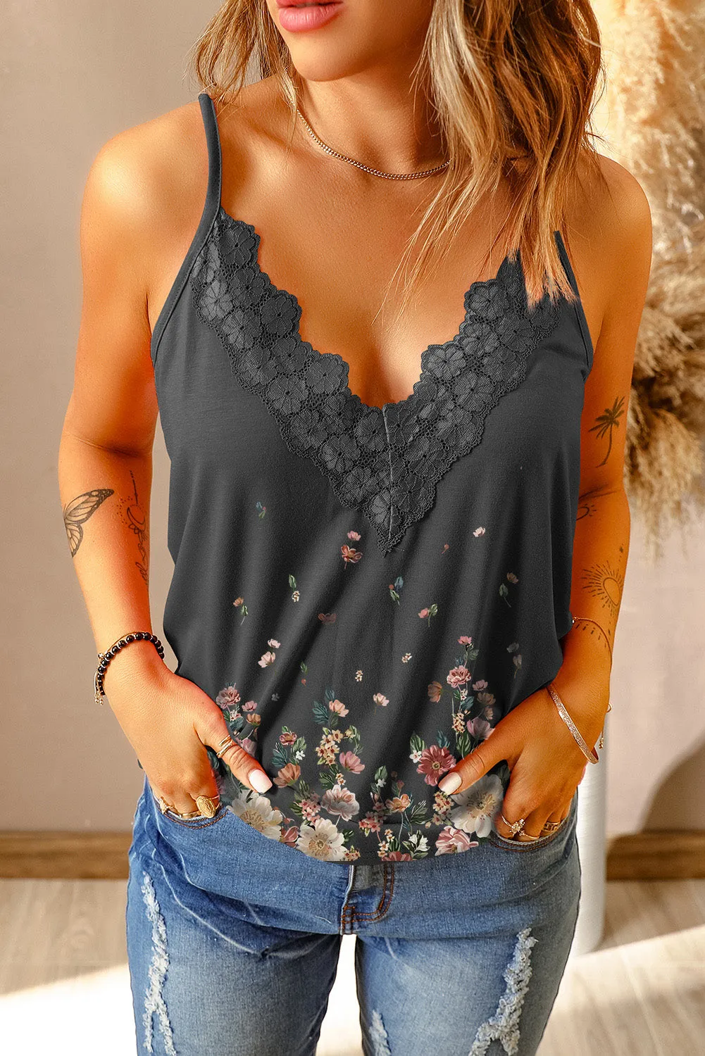 lace V Neck tank, Floral tank top