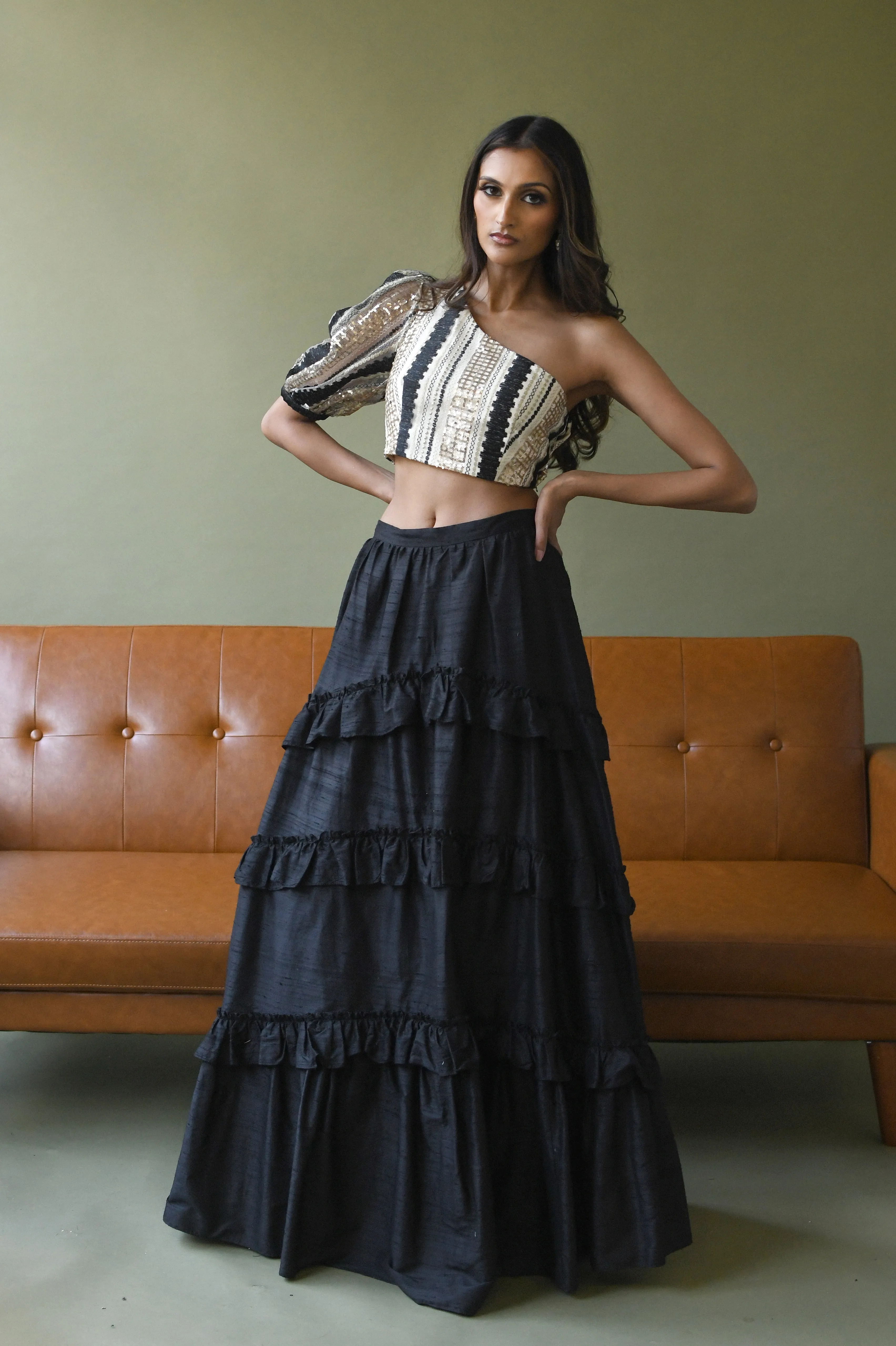 LEYA Black and Gold One Shoulder Lehenga Top (Ready-to-Ship)