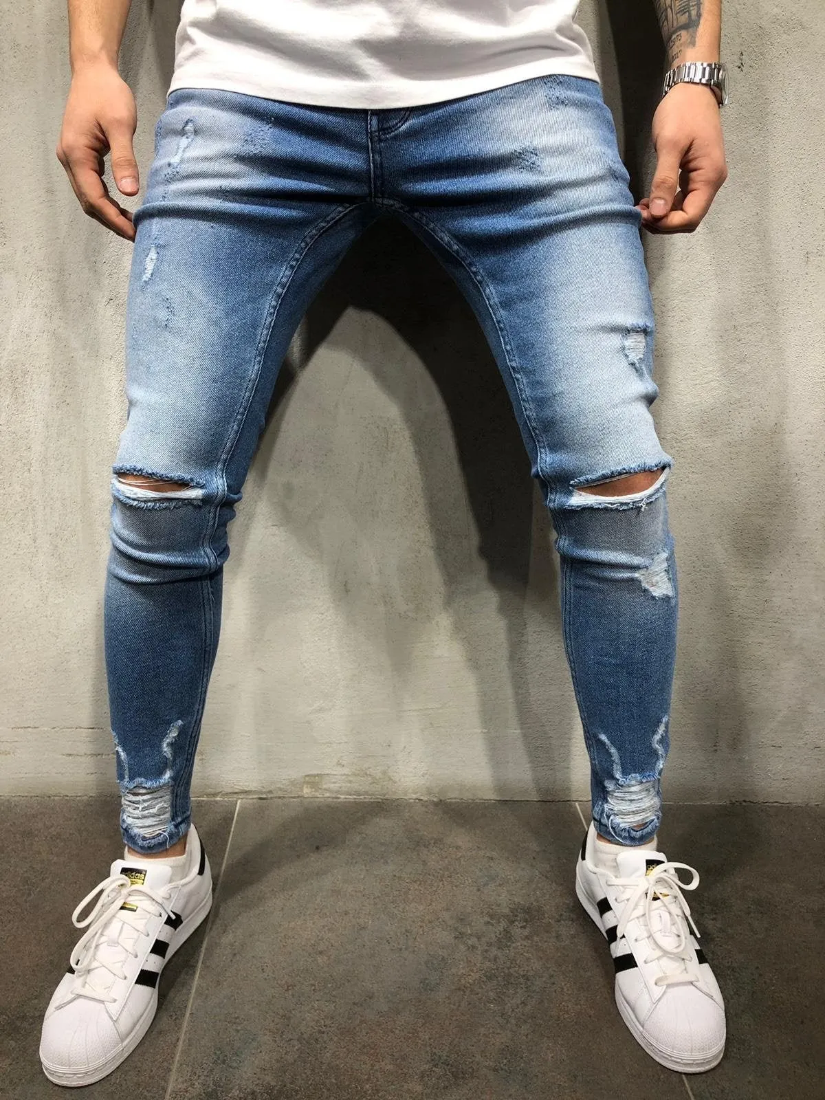 Light Blue Washed Ripped Ultra Skinny Fit Denim AY353 Streetwear Jeans