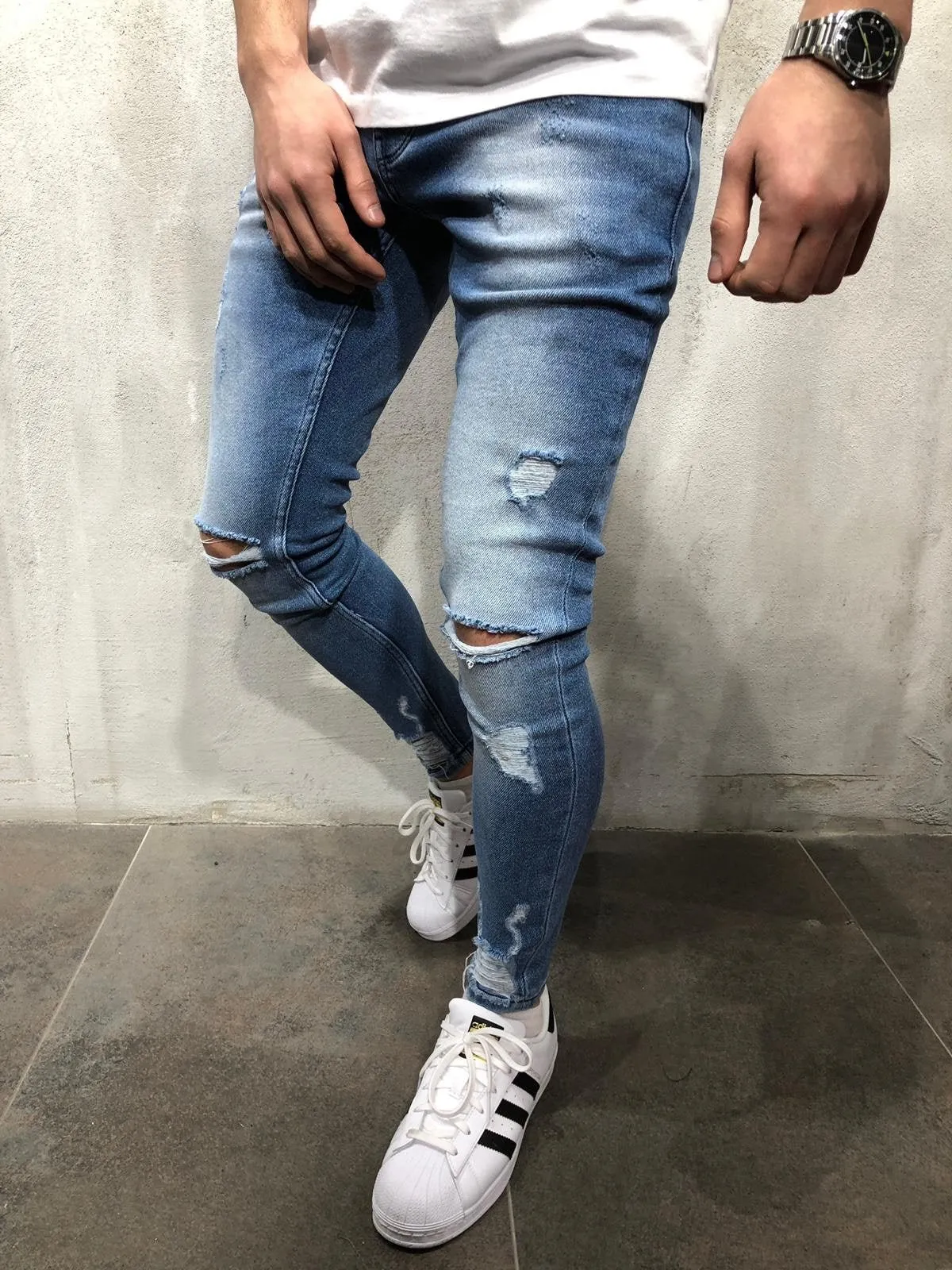 Light Blue Washed Ripped Ultra Skinny Fit Denim AY353 Streetwear Jeans