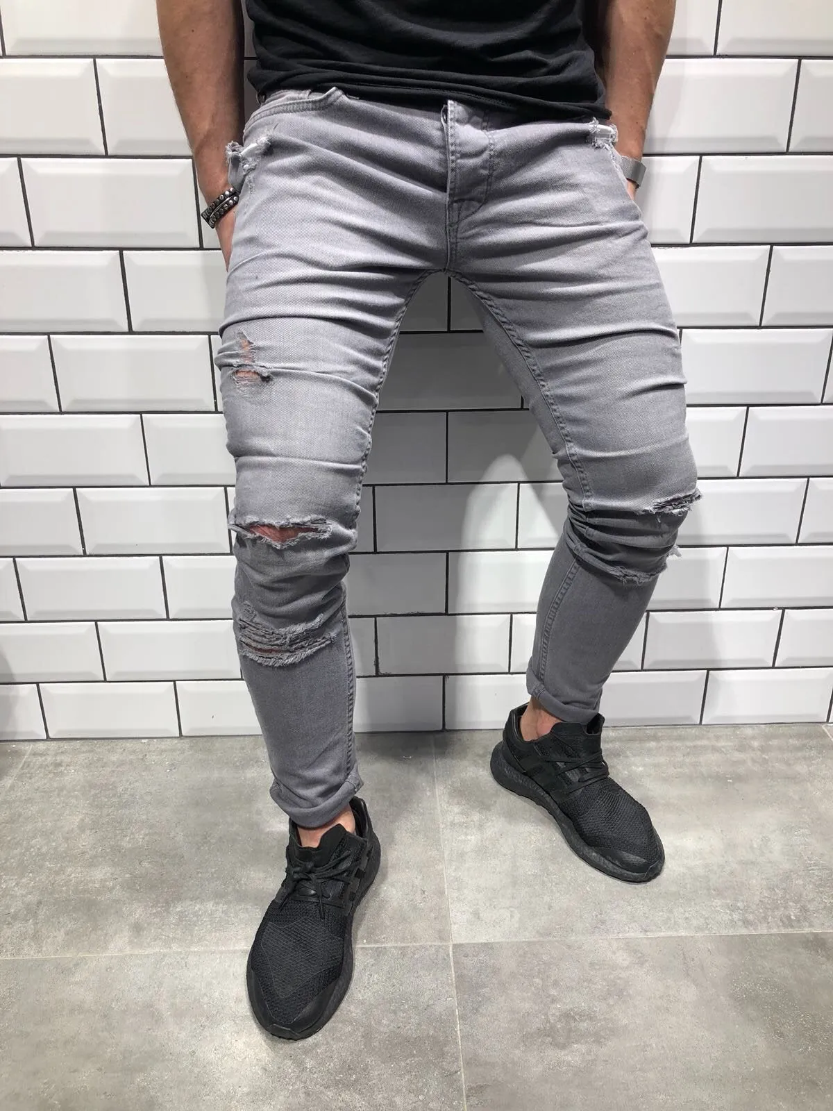 Light Gray Slim Fit Denim B106 Streetwear Denim Jeans