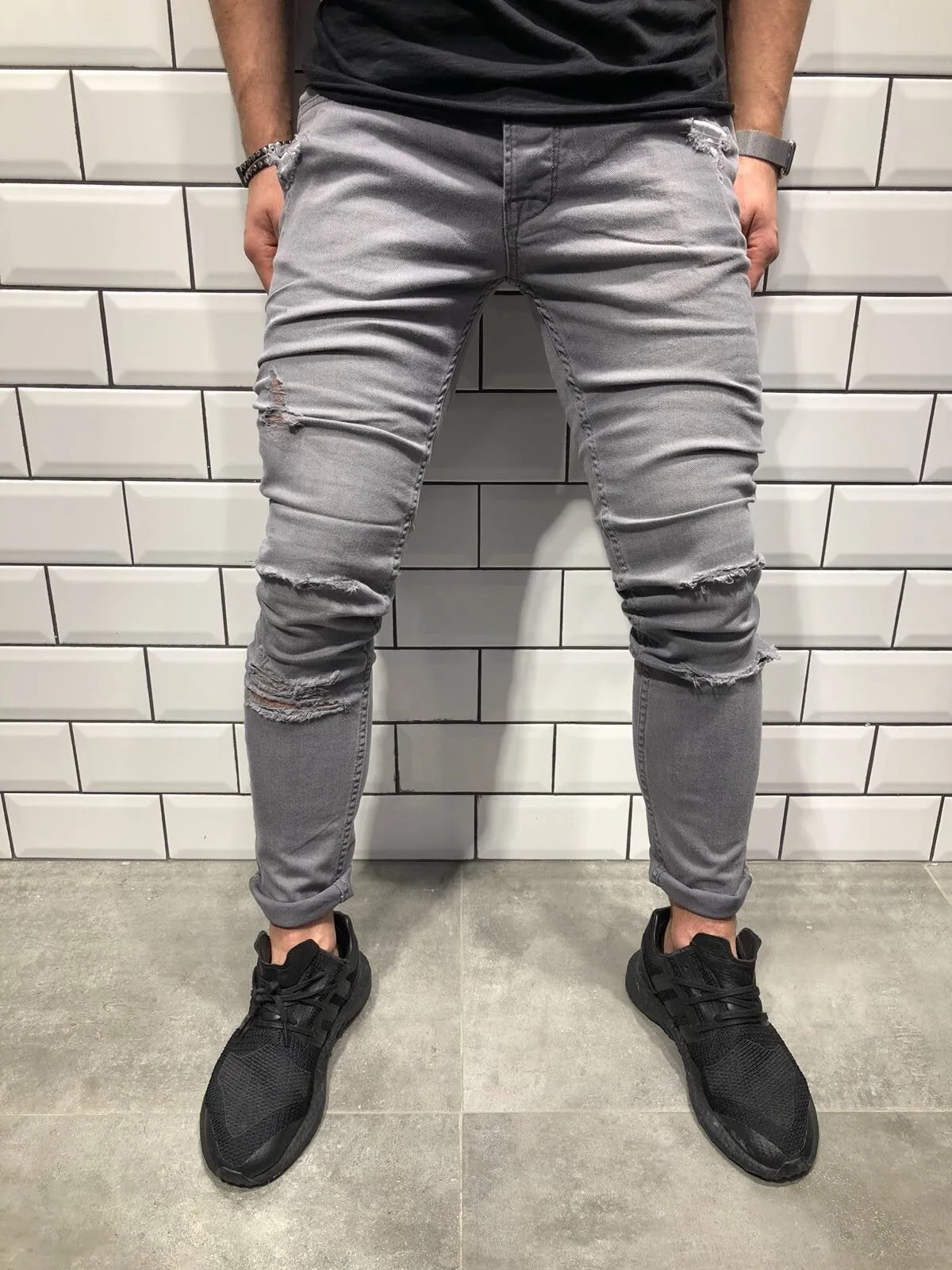 Light Gray Slim Fit Denim B106 Streetwear Denim Jeans