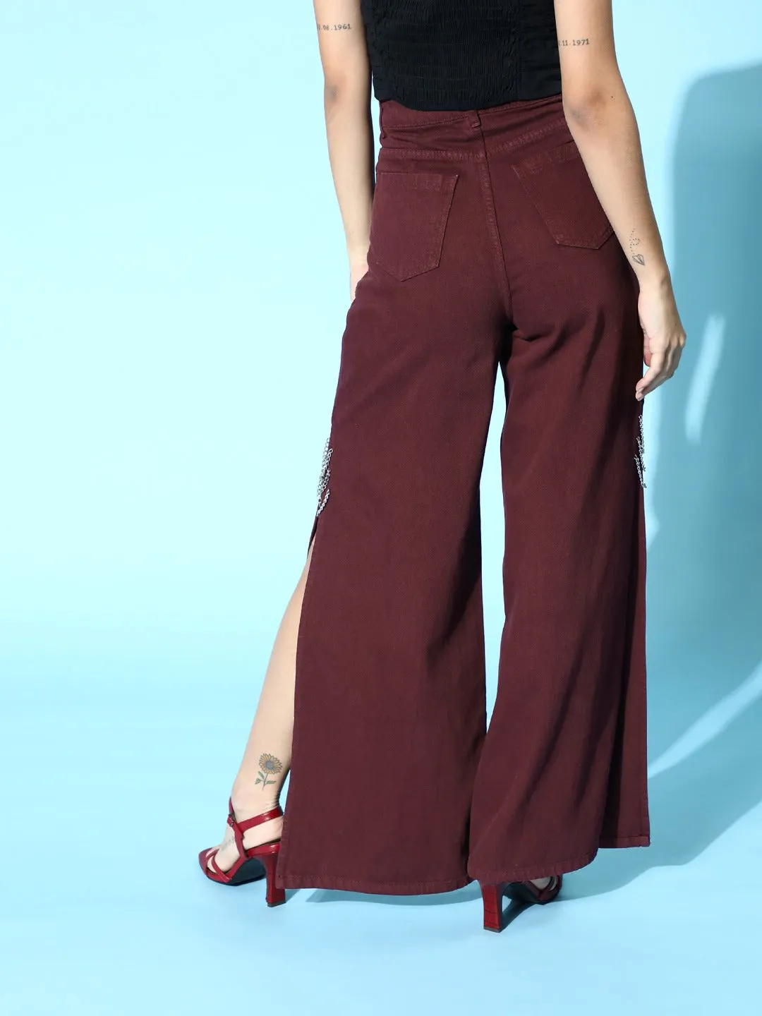 Maroon Side Chain Slit Jeans