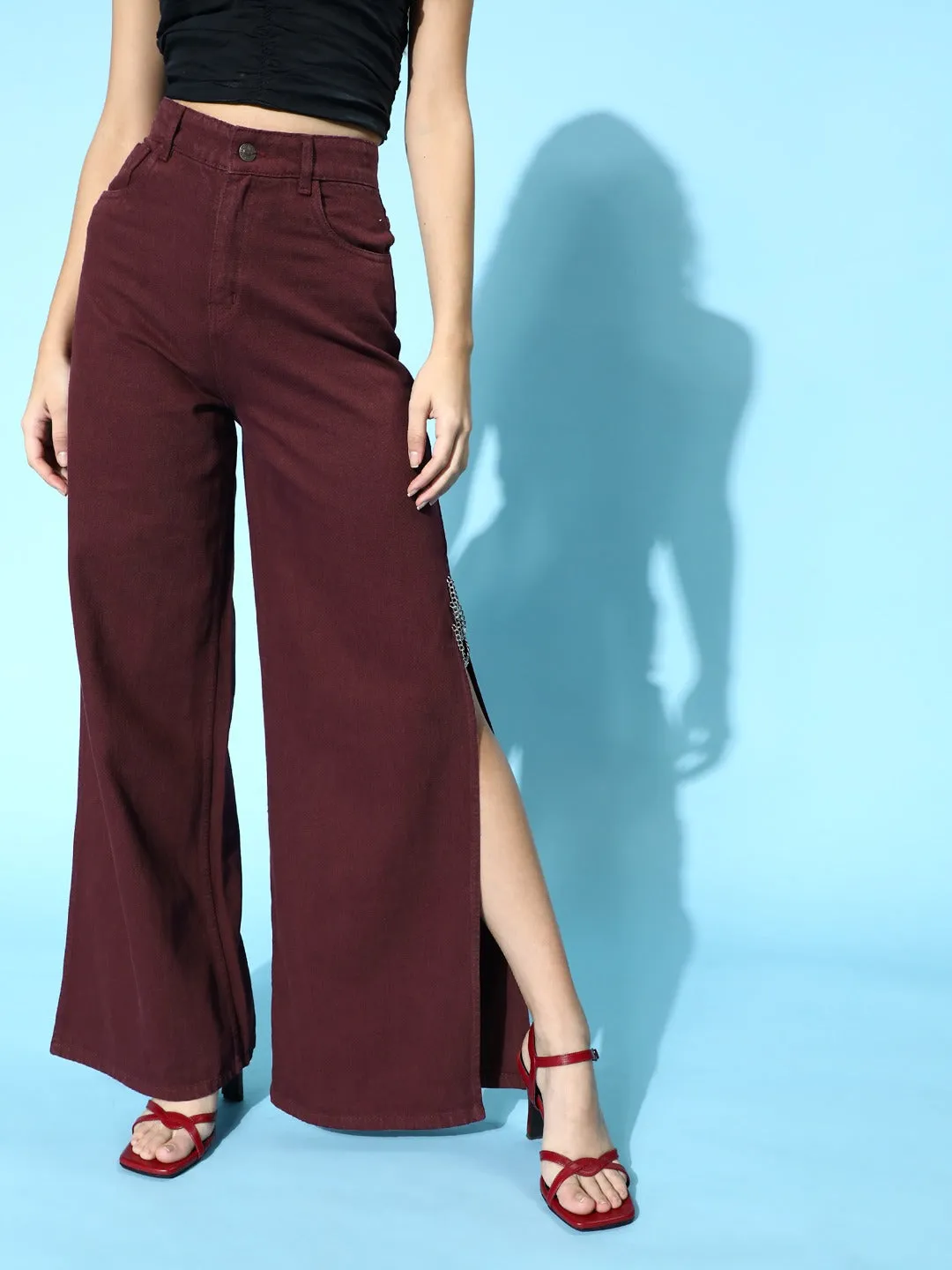 Maroon Side Chain Slit Jeans