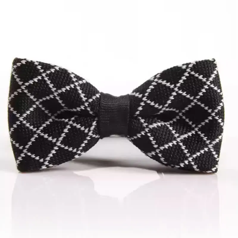 Men's Black & White Striped Plaid Knitted Bow Tie