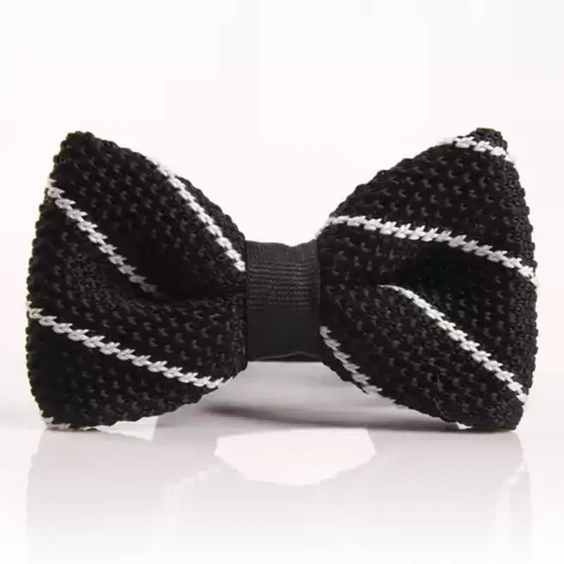 Men's Black & White Striped Plaid Knitted Bow Tie