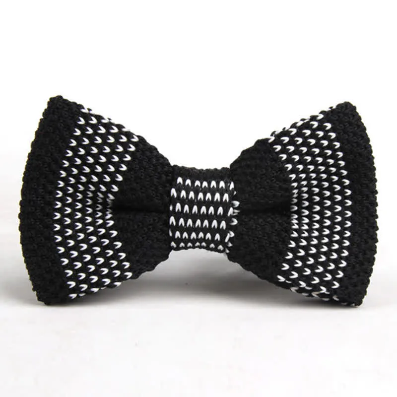 Men's Black & White Striped Plaid Knitted Bow Tie