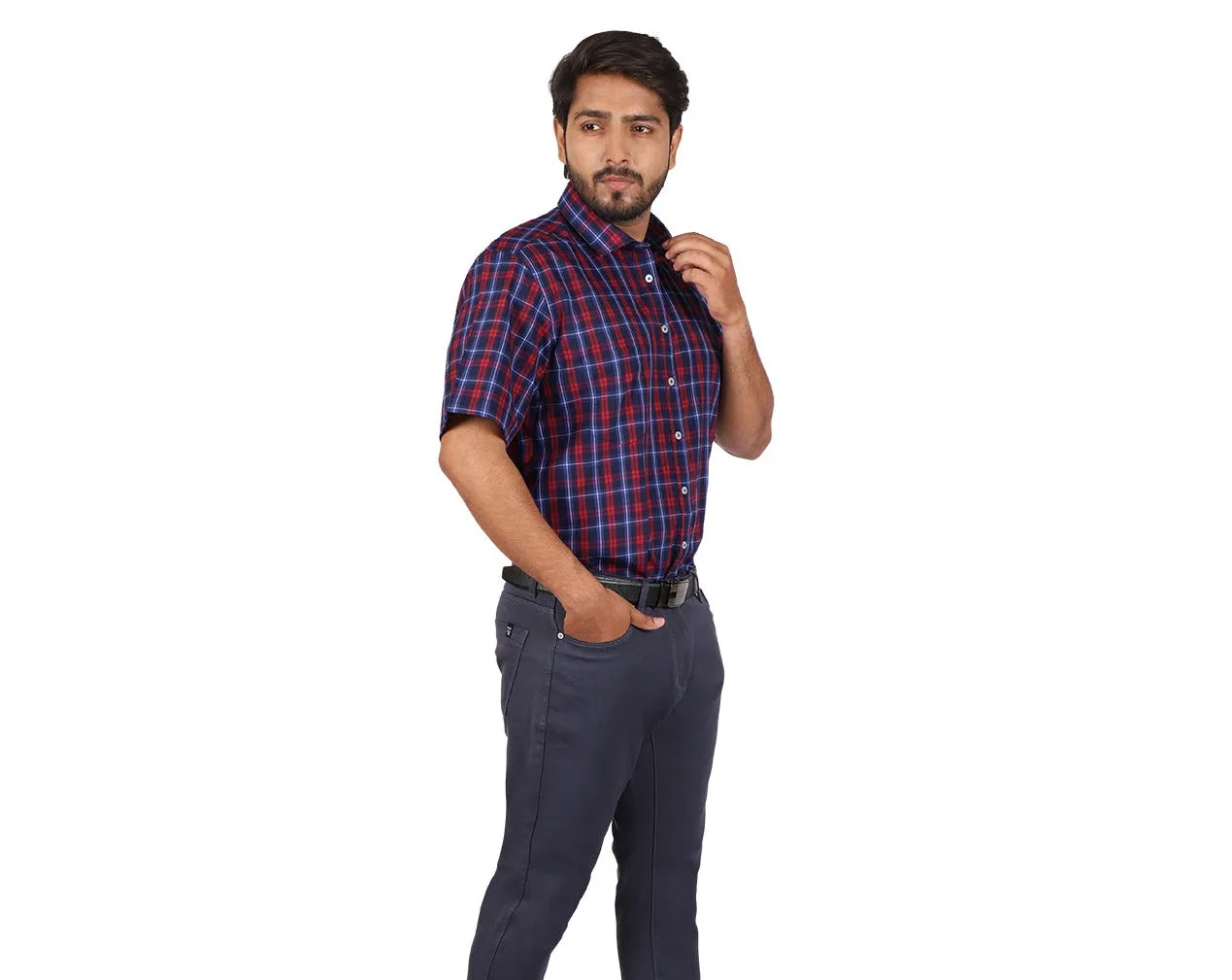 Navy & Red Graph Check Half Sleeve Shirt