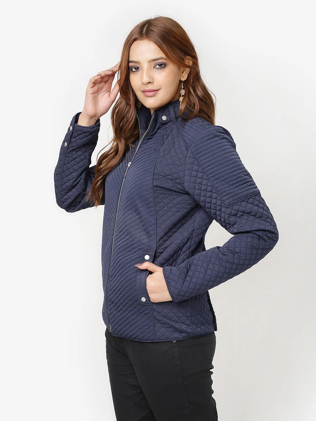 Navy Blue Quilted High-neck Jacket for Women