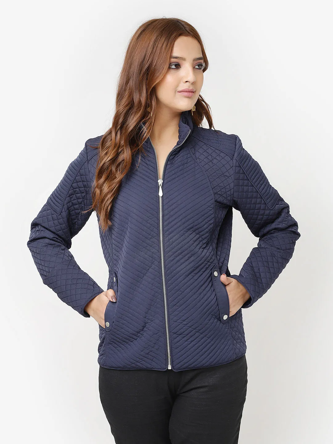 Navy Blue Quilted High-neck Jacket for Women