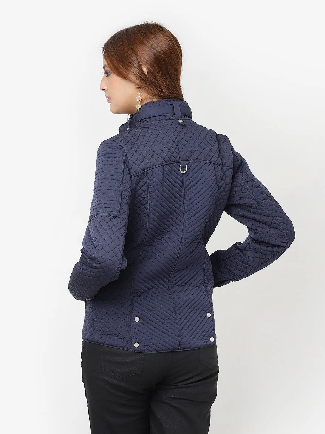 Navy Blue Quilted High-neck Jacket for Women