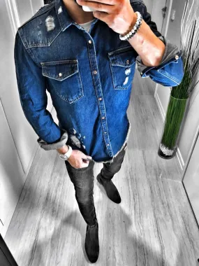 Navy Blue Ripped Denim Shirt S115 Streetwear Jeans Mens Shirt