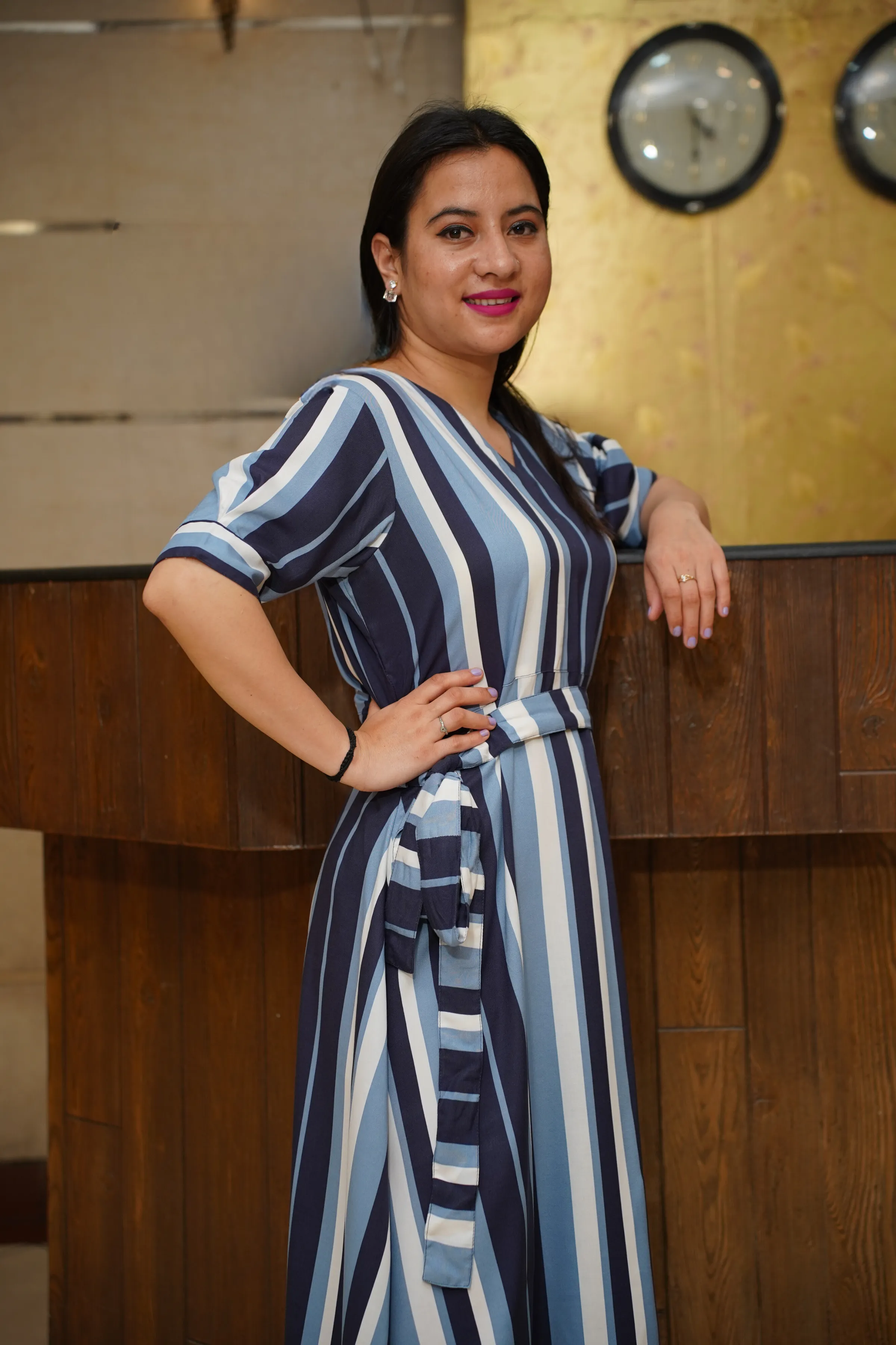 Navy Cascade Rayon Striped Dress