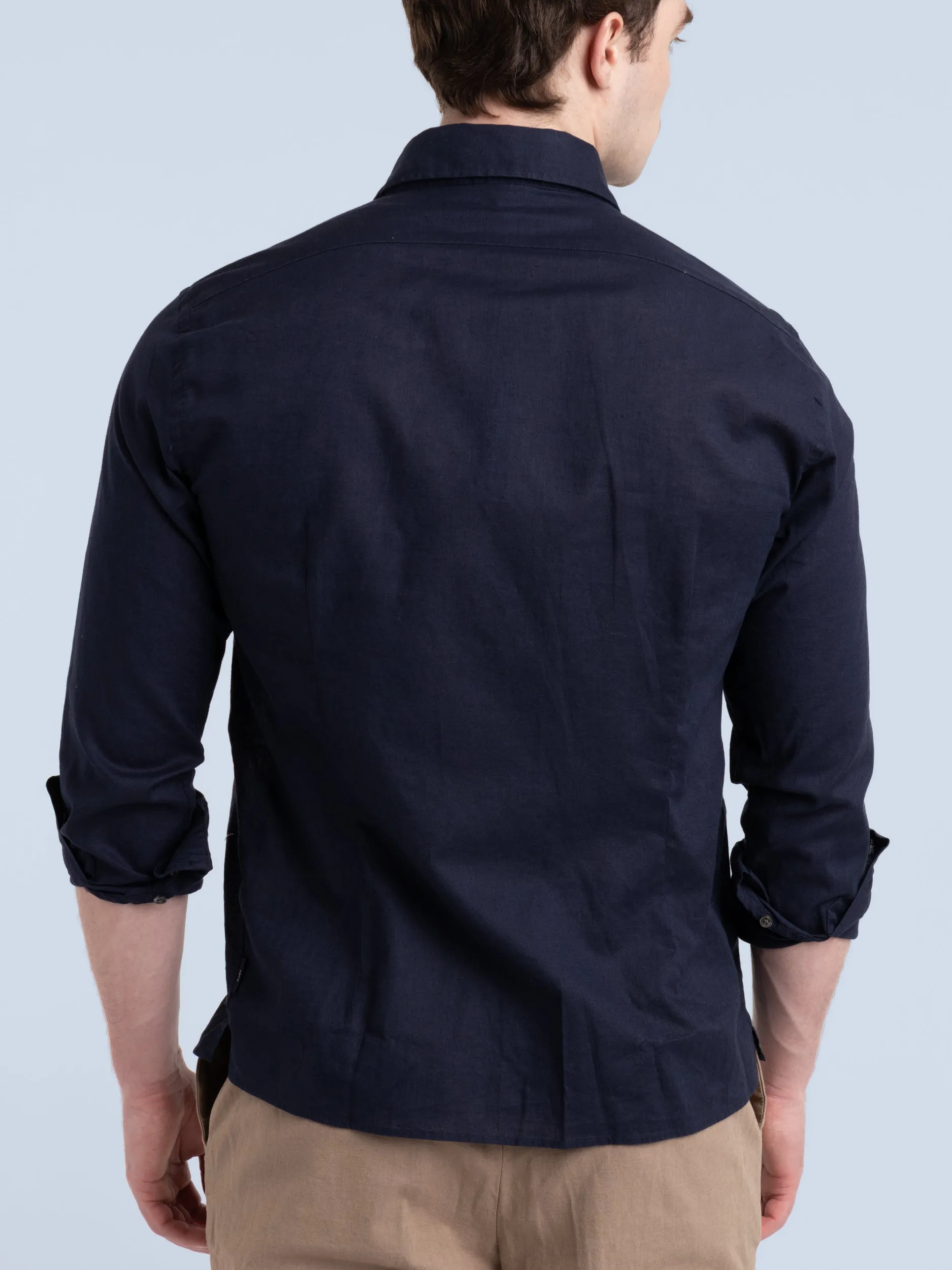 Navy Linen-Cotton Kent Collar Shirt