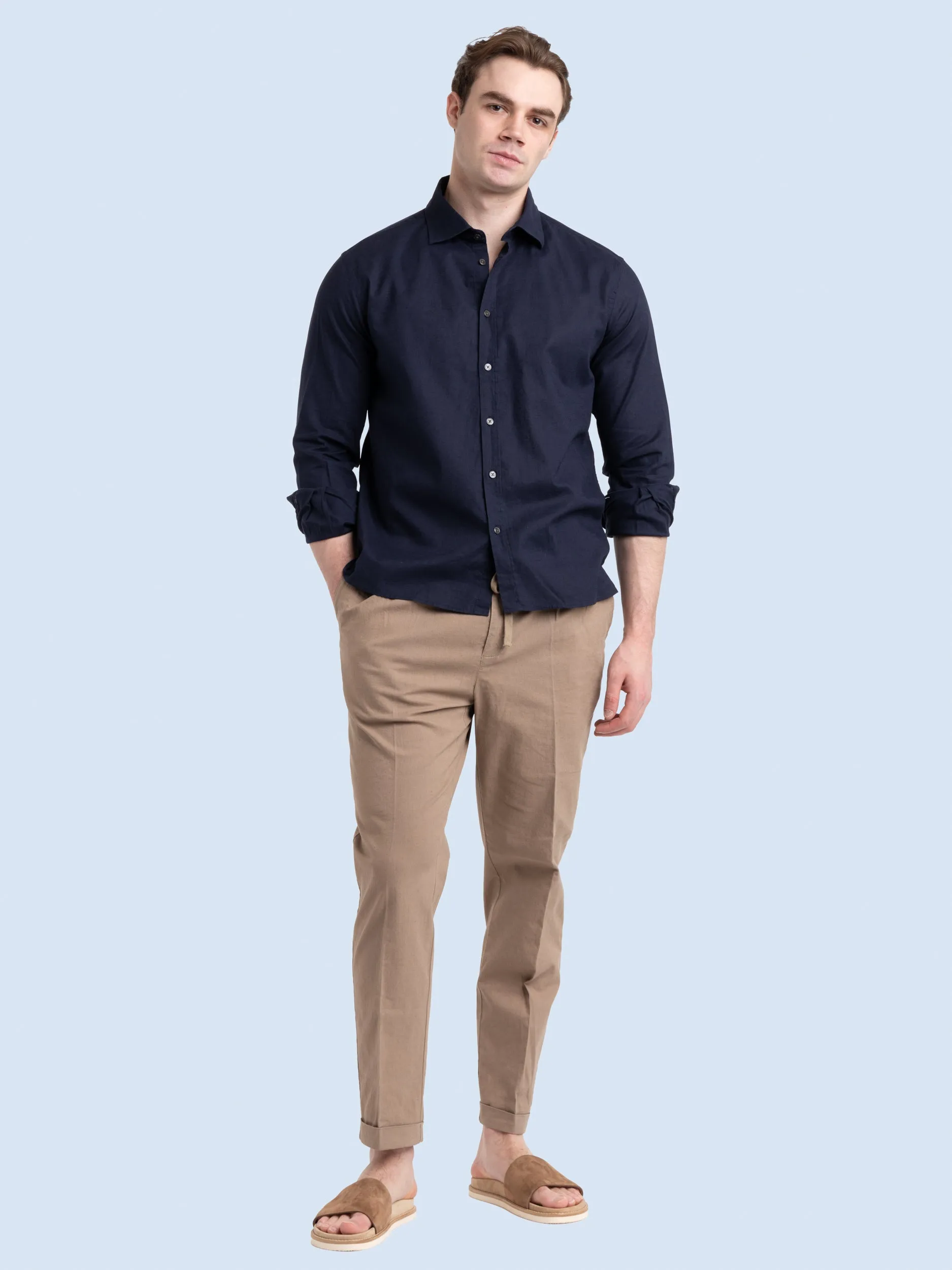 Navy Linen-Cotton Kent Collar Shirt