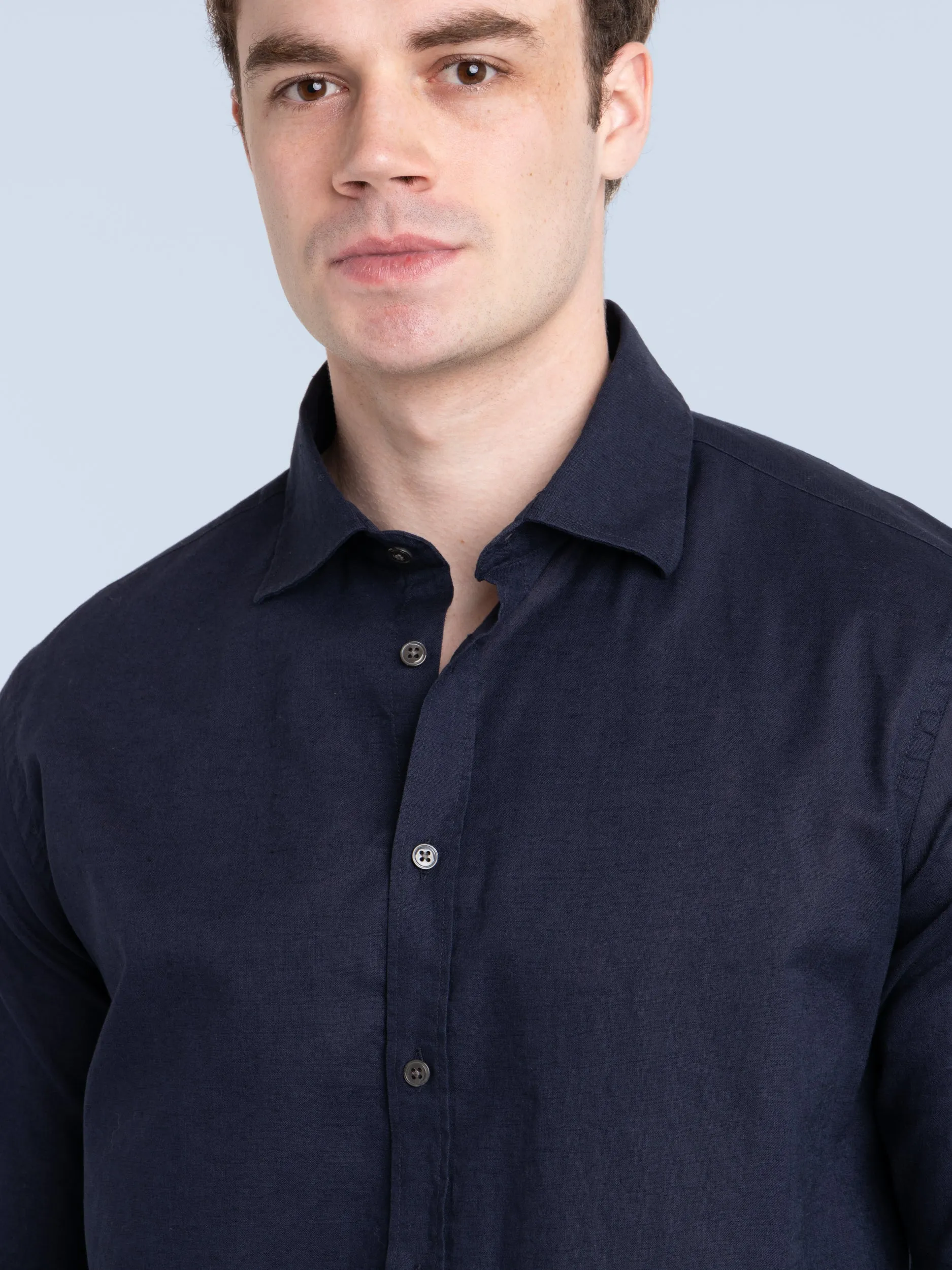 Navy Linen-Cotton Kent Collar Shirt