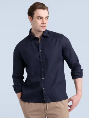 Navy Linen-Cotton Kent Collar Shirt