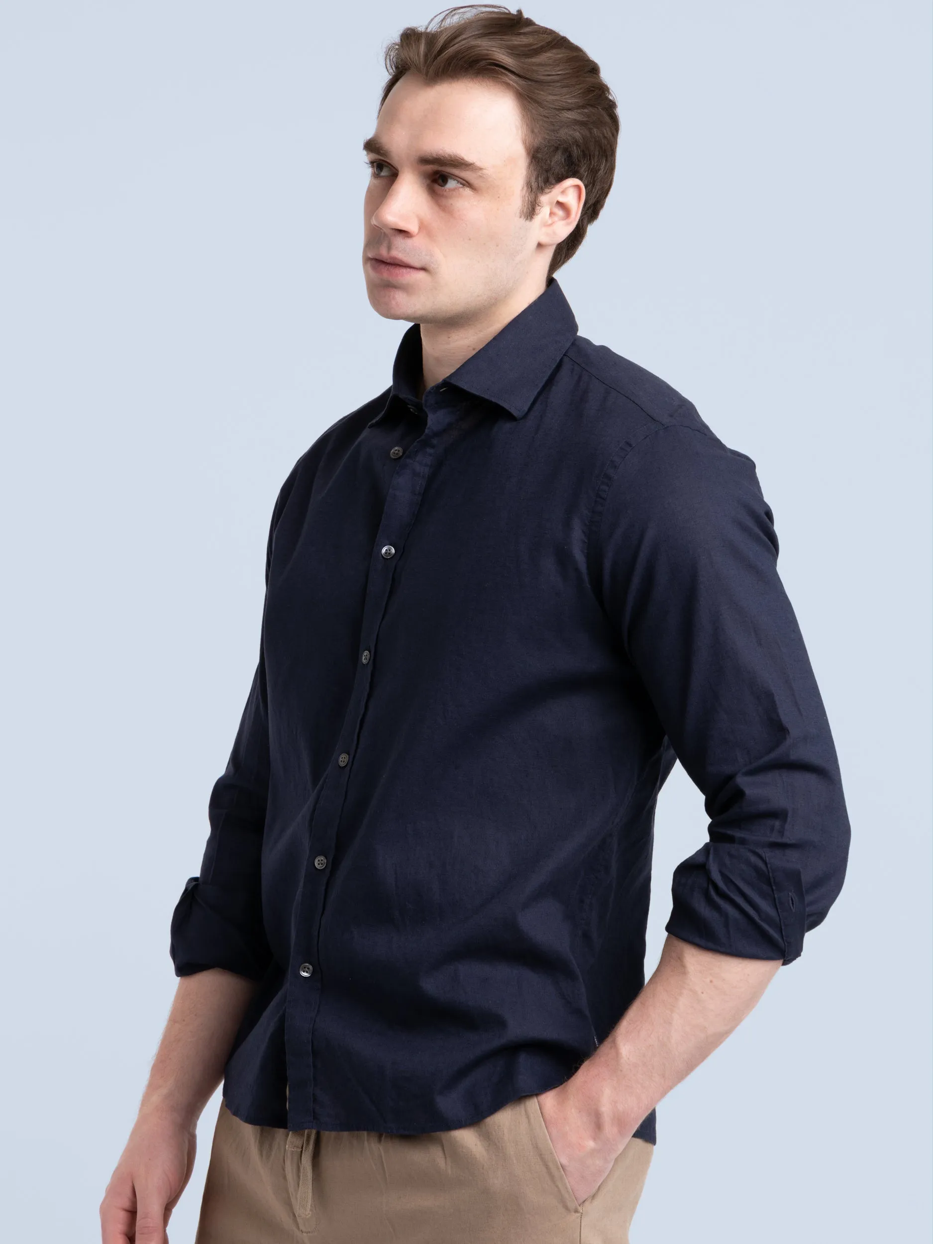 Navy Linen-Cotton Kent Collar Shirt