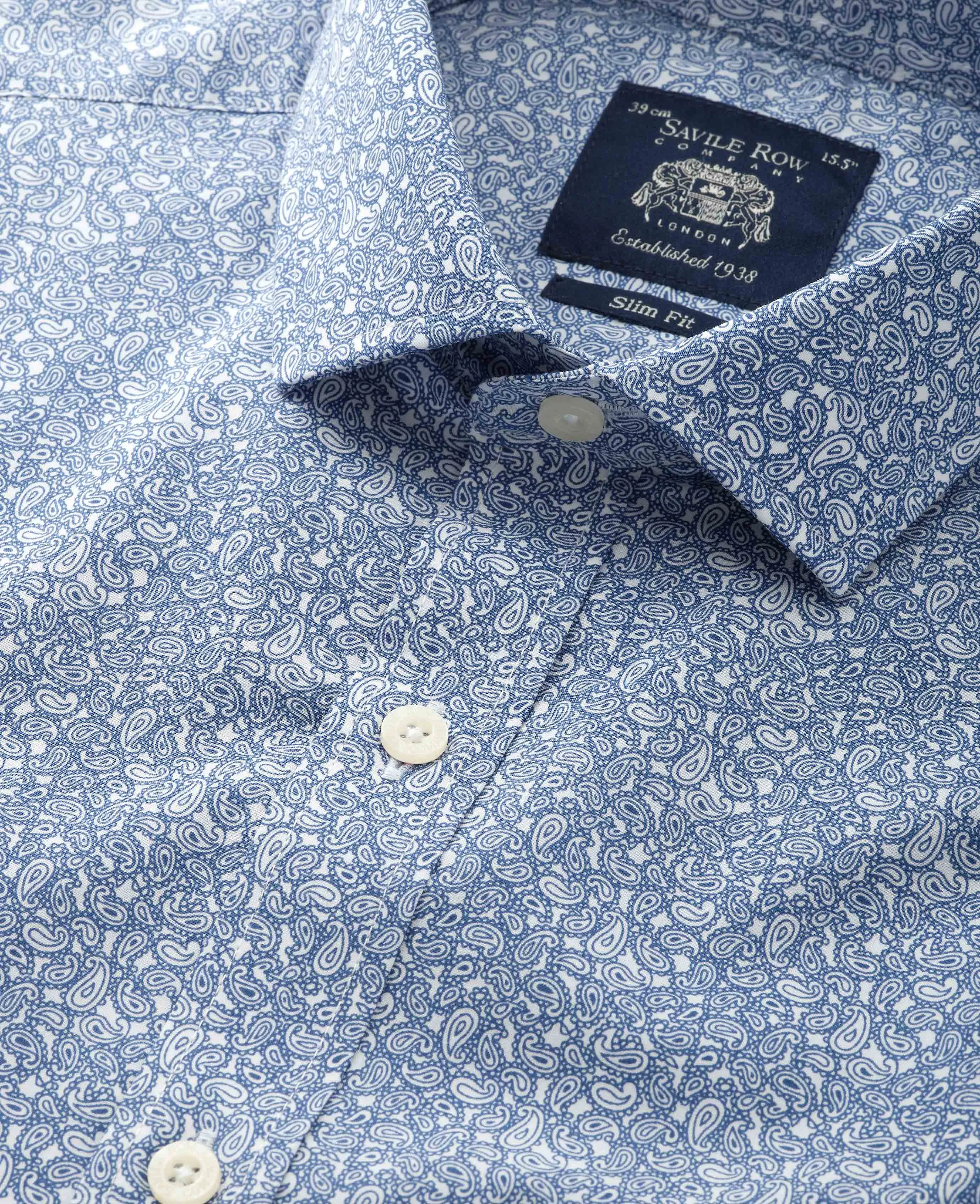 Navy Paisley Print Slim Fit Formal Shirt - Single Cuff