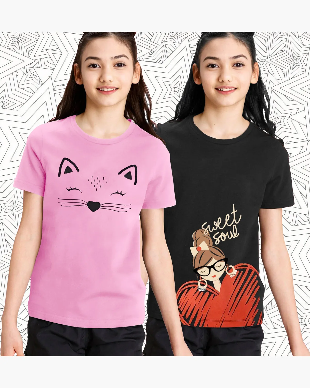 (Pack of 2) Girls Printed Round Neck Half Sleeve T-Shirts | Pink | Black