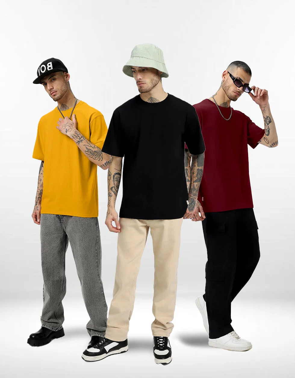 Pack of 3 Solid Oversized T-shirts: Black & Mustard & Maroon