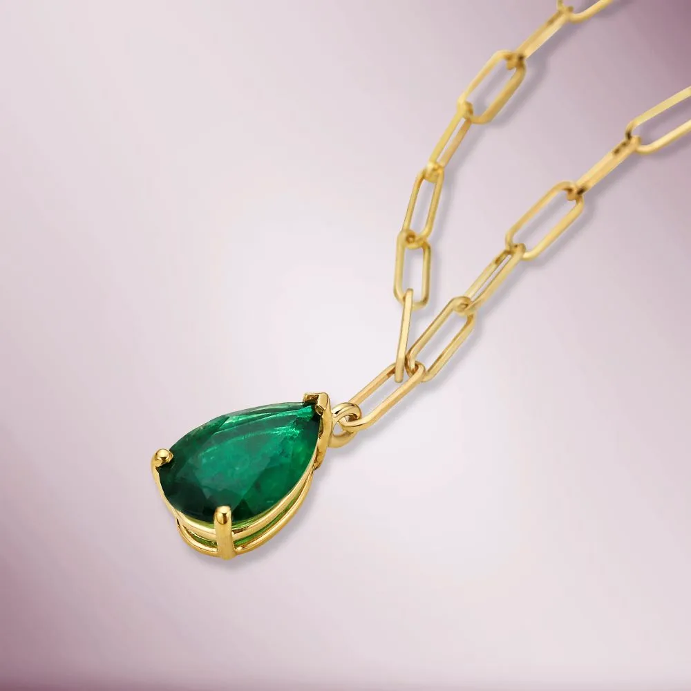 Pear Shape Genuine Emerald Pendant Necklace With Paper Clip Chain in 14K Gold