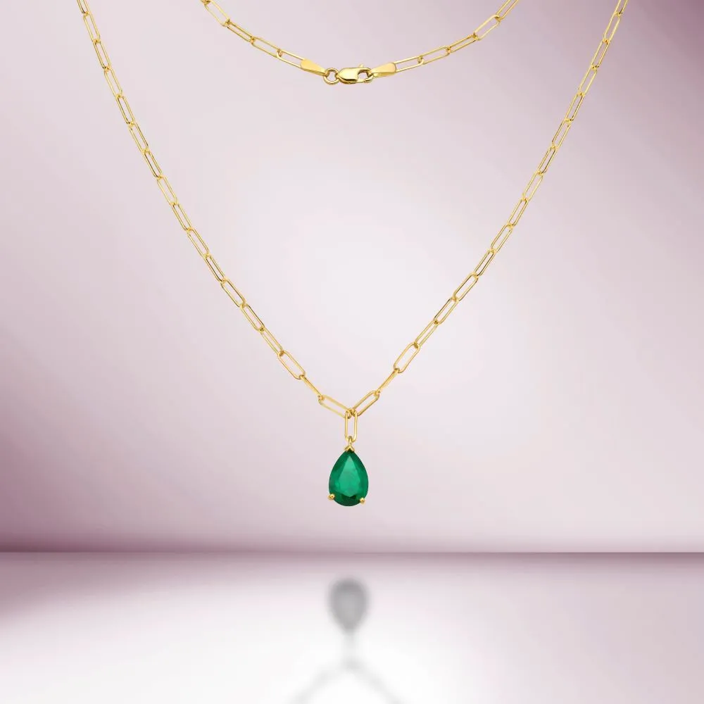 Pear Shape Genuine Emerald Pendant Necklace With Paper Clip Chain in 14K Gold