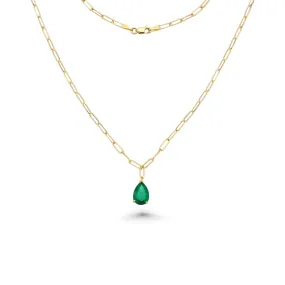 Pear Shape Genuine Emerald Pendant Necklace With Paper Clip Chain in 14K Gold