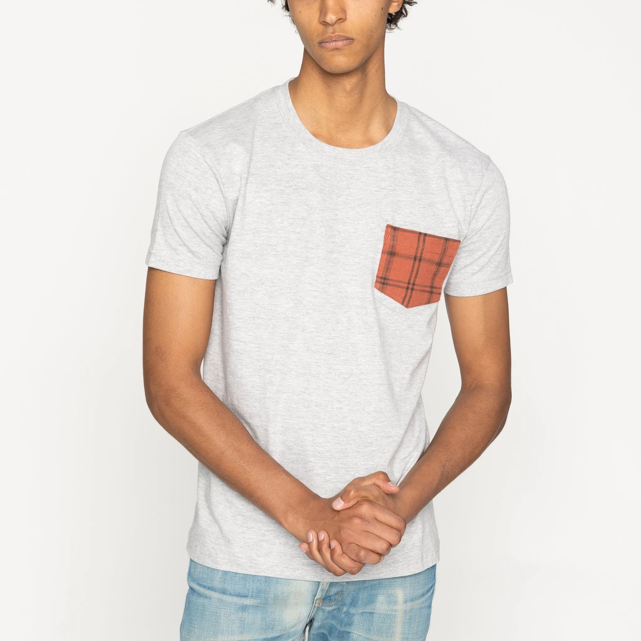 Pocket Tee - Heather Grey - Big Slub Vintage Flannel - Red