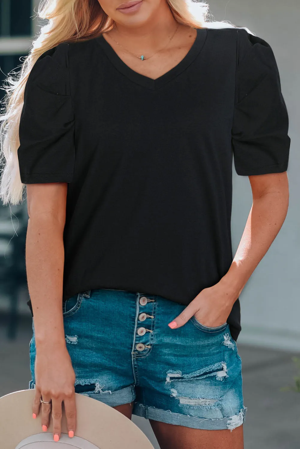 Puff Sleeve V-Neck T-Shirt